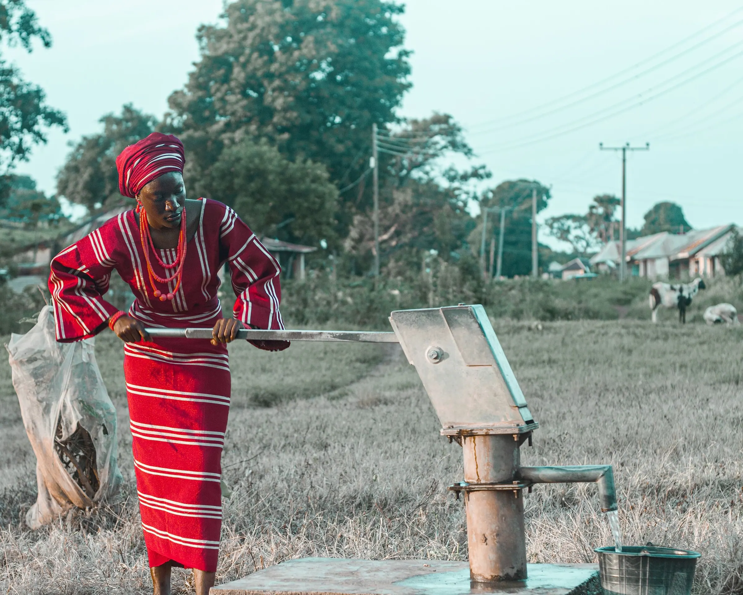 A woman in red pumping clean water from a village borehole